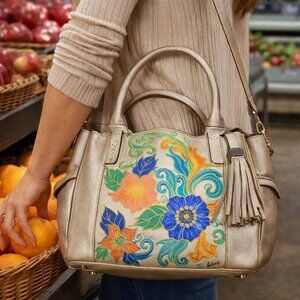 Hand Painted Gold Satchel Purse Bag with Floral Design